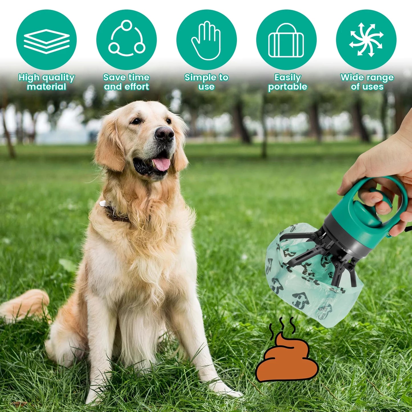 Portable Dog Pooper Scooper with Built-In Bag Dispenser - Lightweight Handheld Waste Pick-Up Tool for Small, Medium, and Large Dogs