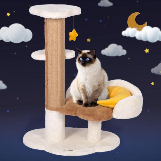 Cat Tree with Cute Moon-Shaped Pillow, Hanging Star Toy, Scratching Post & Soft Rabbit Fur Fabric for Active Cats.