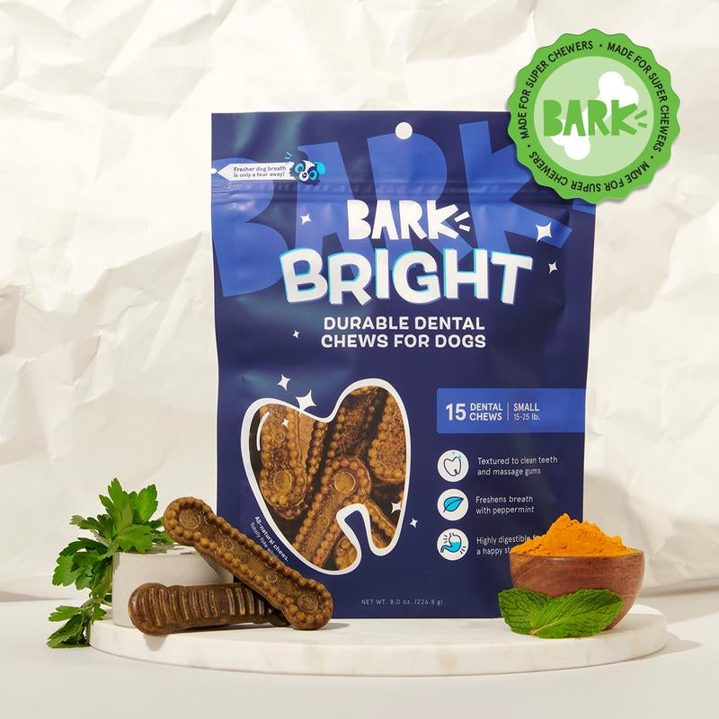 BARK Bright Durable Dental Chews for Dogs - 15 Count - Small, Medium, Large Sizes Available - Bright Color with Nub and Groove Technology
