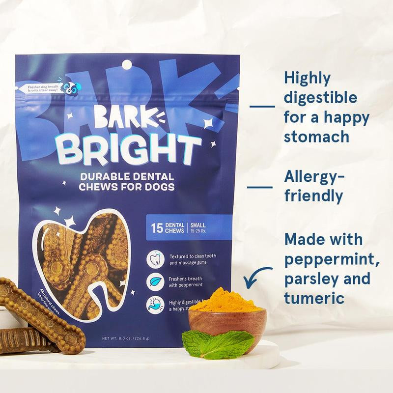 BARK Bright Durable Dental Chews for Dogs - 15 Count - Small, Medium, Large Sizes Available - Bright Color with Nub and Groove Technology