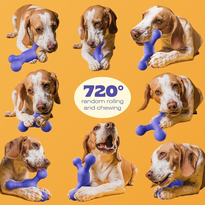 Durable Dog Chew Toys for Aggressive Chewers - 720° Free-Rolling, 80 Shore D Nylon Bones with Natural Bacon Flavor for Medium Dogs, Long-Lasting Teething Toys in Blue with Crinkle and Squeaky Features