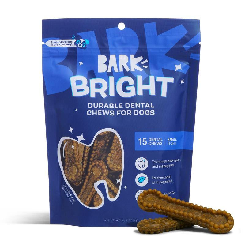 BARK Bright Durable Dental Chews for Dogs - 15 Count - Small, Medium, Large Sizes Available - Bright Color with Nub and Groove Technology